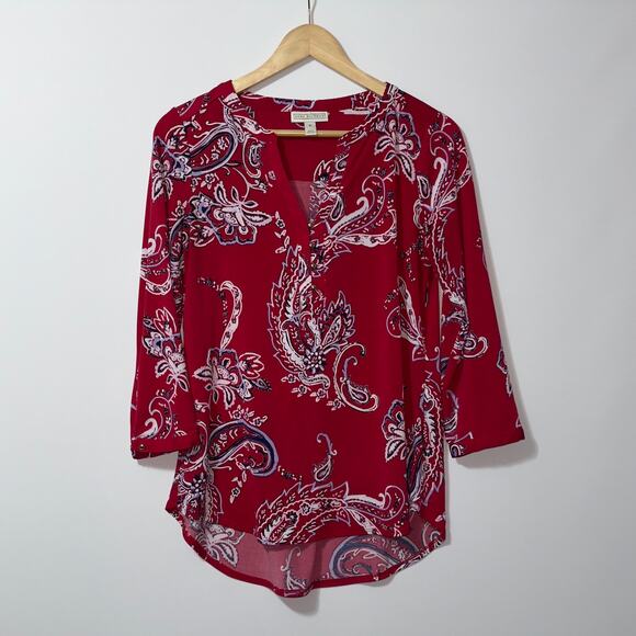 Dana Buchman Red Paisley V-Neck Blouse, Size Small - Picture 1 of 8